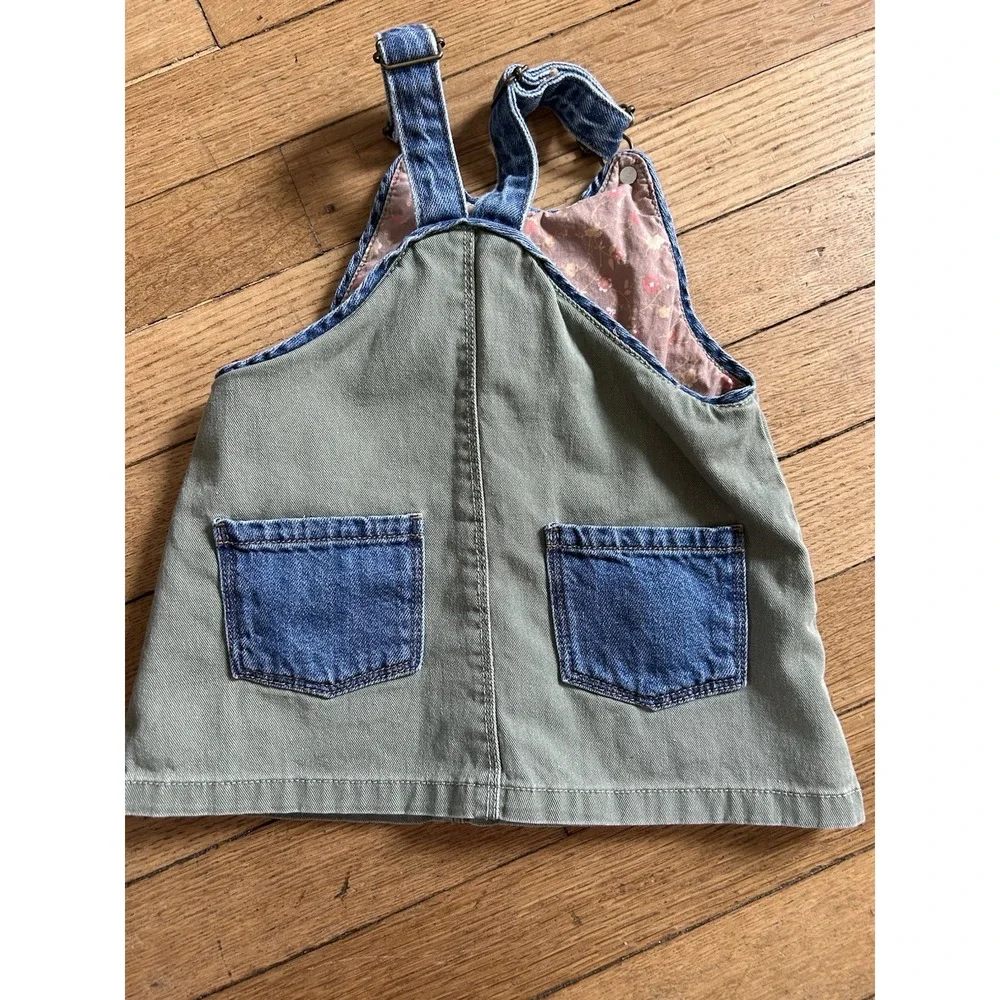 Zara Girls Denim Overall Dress Olive Blue 12-18 Months Toddler Button Front